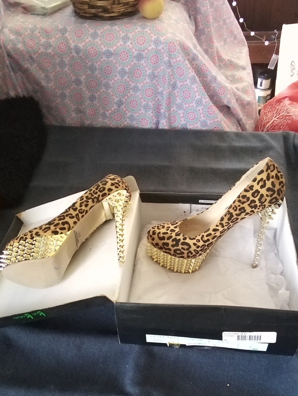 Leopard Print Spike Platform Pumps with Gold Stud Accents